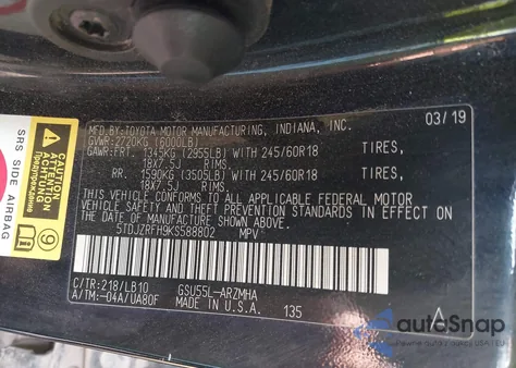 2019 Toyota Highlander Xle from USA, damaged, VIN 5TDJZRFH9KS588802